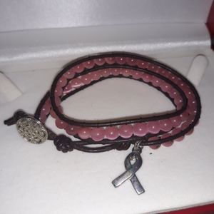Handmade Pink Beaded wrap Bracelet with Breast Cancer Awareness symbol